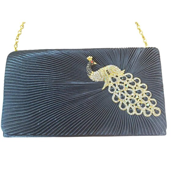 Elegant Black Clutch With Gold‎ Chain & Rhinestone Peacock Design Extra Strap - Picture 1 of 7